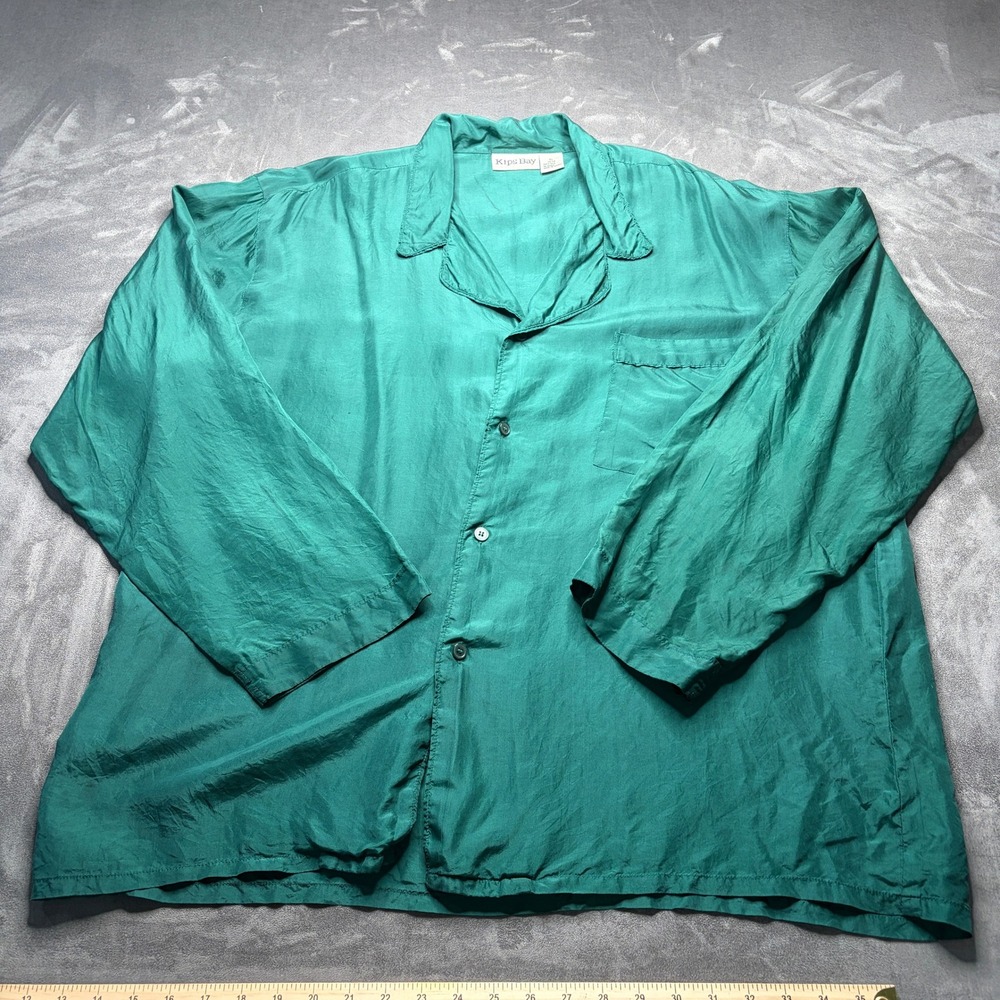 Vtg Kips Bay Pajama Shirt Mens XL Green Silk Long Sleeve Notch Lapel Sleepwear